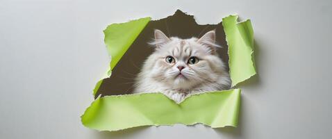 A white cat peeking out from a hole in a green paper photo