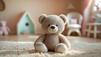 A teddy bear sits on a rug in a room photo