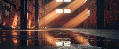 An empty warehouse with sunlight shining through the windows photo