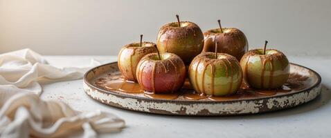 Baked apples with cinnamon and caramel on a rustic plate for a cozy dessert experience photo