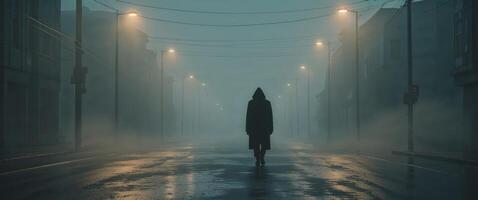 Solitary Figure Walking Down Empty Street in Mysterious Foggy Atmosphere at Dusk photo