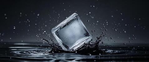Ice cube splashing in water creates dynamic droplets in a dark setting photo