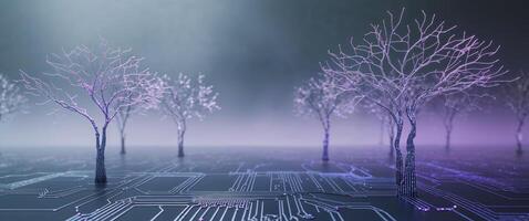 Abstract Circuit Board Landscape with Illuminated Lines and Trees photo