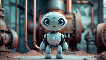 Cute robot with large eyes stands in an industrial setting surrounded by rusted metal structures. photo