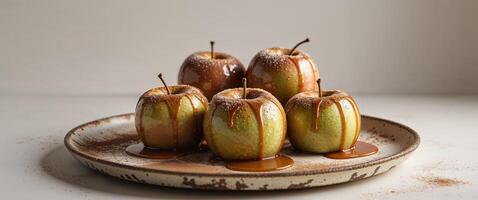 Baked apples with cinnamon and caramel on a rustic plate for a cozy dessert experience. photo