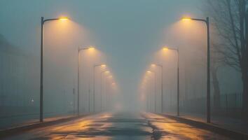 Foggy Street Scene with Warm Streetlights Glowing in the Mist photo