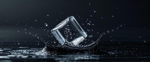Ice cube splashing in water creates dynamic droplets in a dark setting. photo