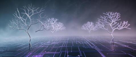 Abstract Circuit Board Landscape with Illuminated Lines and Trees. photo