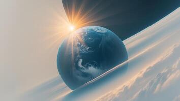 The earth seen from space with bright sun shining brightly photo