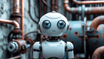Cute robot with large eyes stands in an industrial setting surrounded by rusted metal structures photo