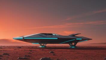 Spacecraft exploring the red planet's surface during twilight. photo
