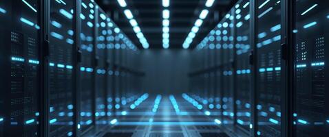 Rows Of Servers In Modern Data Center With Blue Lights. photo