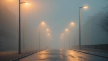 Foggy Street Scene with Warm Streetlights Glowing in the Mist. photo