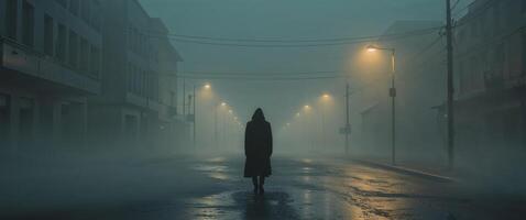Solitary Figure Walking Down Empty Street in Mysterious Foggy Atmosphere at Dusk. photo