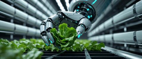 Robotic Hand Harvesting Lettuce in a Modern Vertical Farm Setting photo