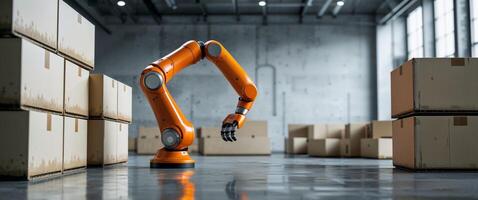 A robot is standing in front of boxes photo