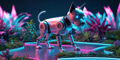 A robot dog in a garden with neon lights photo