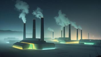 A night time view of a factory with smoke coming out of the chimneys photo