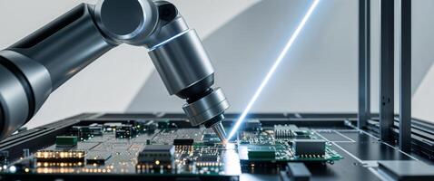 Industrial robot performing precision laser soldering on circuit board photo