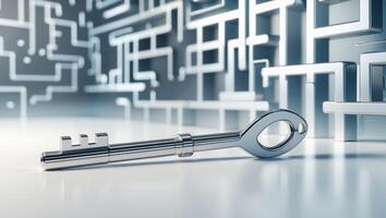 Silver Key on Digital Maze Representing Encryption photo