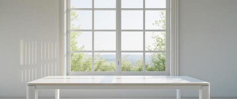 White wood table with large spring window and copy space. photo