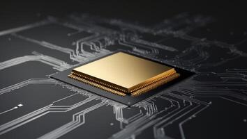 Golden Microchip Surrounded by Circuits on Dark Background photo