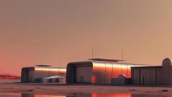 Human settlement with advanced structures on Mars during sunset. photo