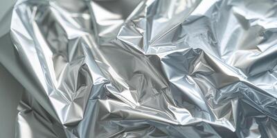 Wrinkled metallic silver vacuum plastic wrap film packaging texture abstract background photo