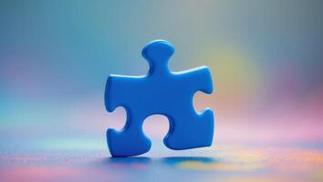 Single blue puzzle piece representing uniqueness on softly blurred multicolored background photo