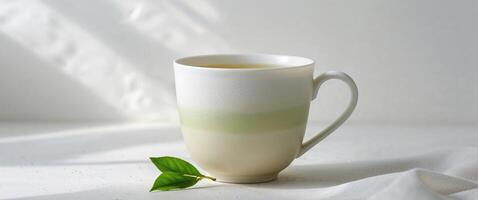 A white cup with green tea and a leaf on the side. photo