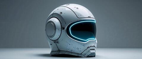 Weathered White Futuristic Helmet with Glowing Blue Lights. photo