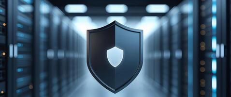 Digital Security Shield Symbol on Server Background with Bright Lights. photo