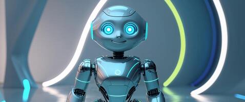 A robot with glowing eyes standing in front of a colorful background photo