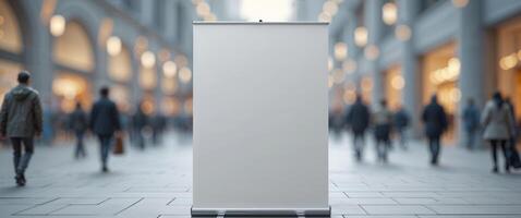 A blank roll up banner stands in front of a crowd photo
