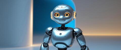 A robot standing in front of a blue wall photo