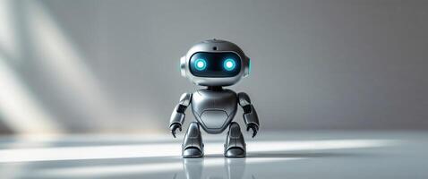 A robot with glowing eyes standing in front of a white background photo