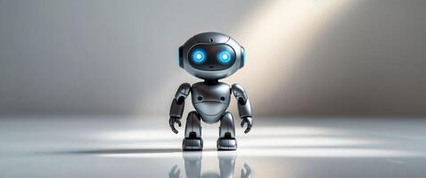 A robot with glowing eyes standing in front of a light photo