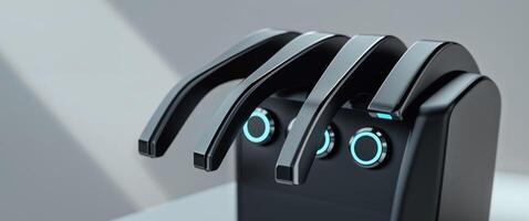 Modern black device with multiple levers and illuminated indicators. photo