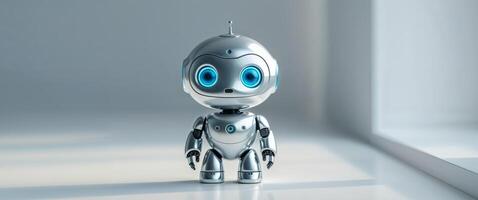 A robot with blue eyes standing in front of a window photo