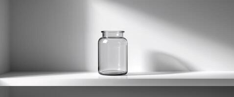 Clear Glass Jar on White Shelf with Light and Shadow photo