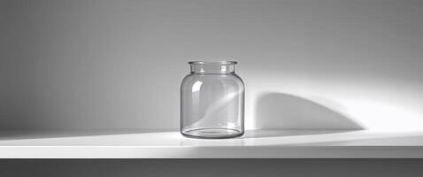 Clear Glass Jar on White Shelf with Light and Shadow. photo