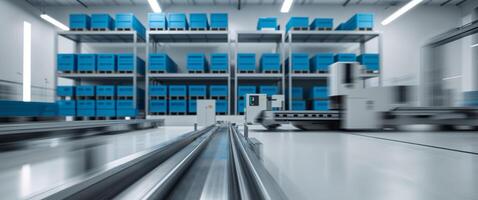 Automated warehouse with blue storage bins and machinery operating in a modern facility photo