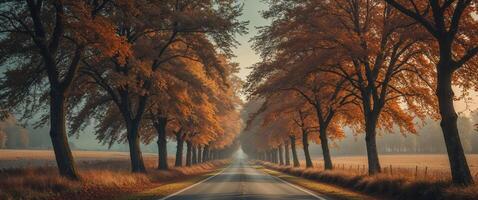 Countryside Road in Late Autumn with Trees and Shadows Creating a Vintage Atmosphere and Space for Text Overlay photo