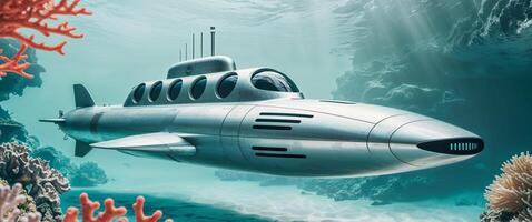 A submarine is floating in the ocean with coral photo