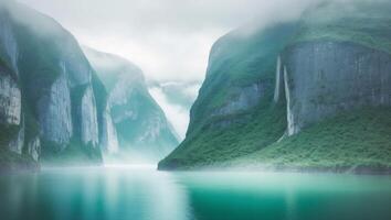 A river flows through a mountain range with green water photo