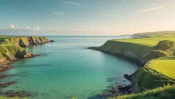 A beautiful view of the ocean and grassy hills photo