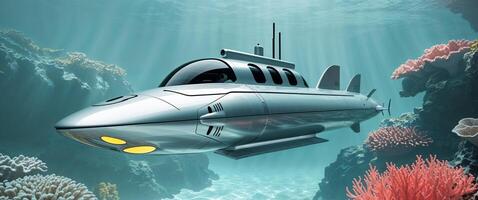 A submarine is floating in the ocean photo