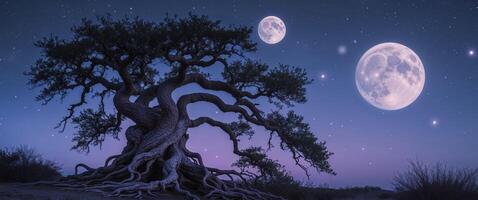 A tree with roots and moon in the sky photo
