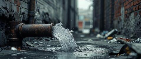 Water pouring out of a pipe in a city alley photo