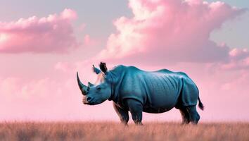 A rhino is standing in the middle of a field photo